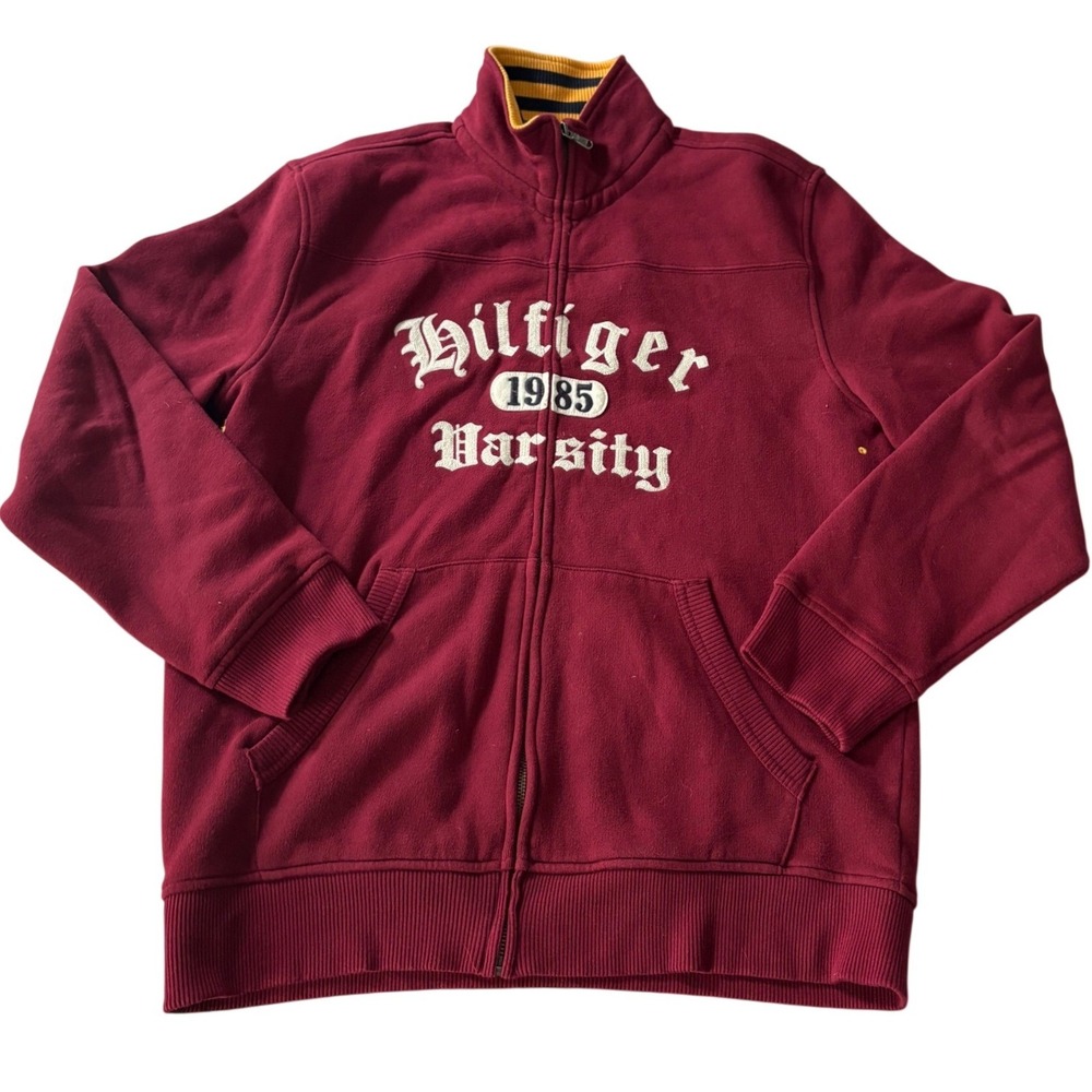 Tommy Hilfiger Varsity 1985 Full Zip Sweatshirt  Large Maroon Red Graphic Jacket